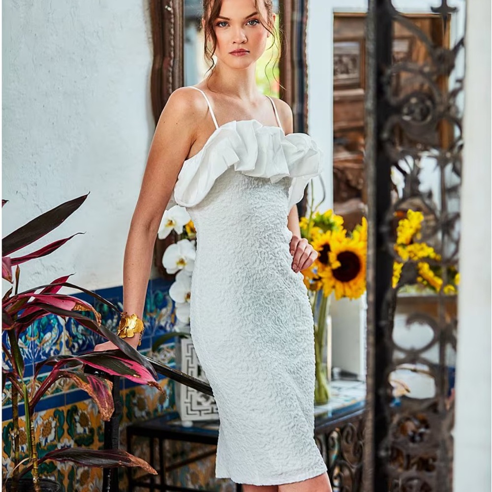 Belle by Badgley Mischka Maria Taffeta Embossed Jacquard Off the Shoulder Dress
